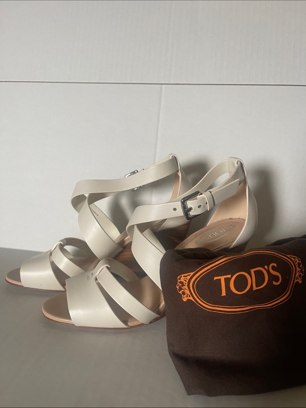 Tod's Cream Leather Crisscross Ankle Strap Heels